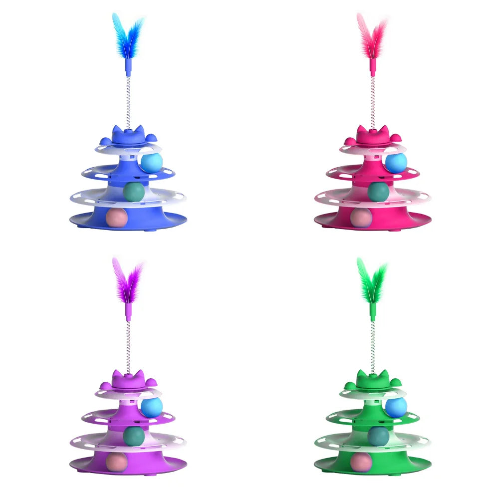 3‑Tier Cat Tower Chase Toy – With Feather Teaser & Rolling Balls