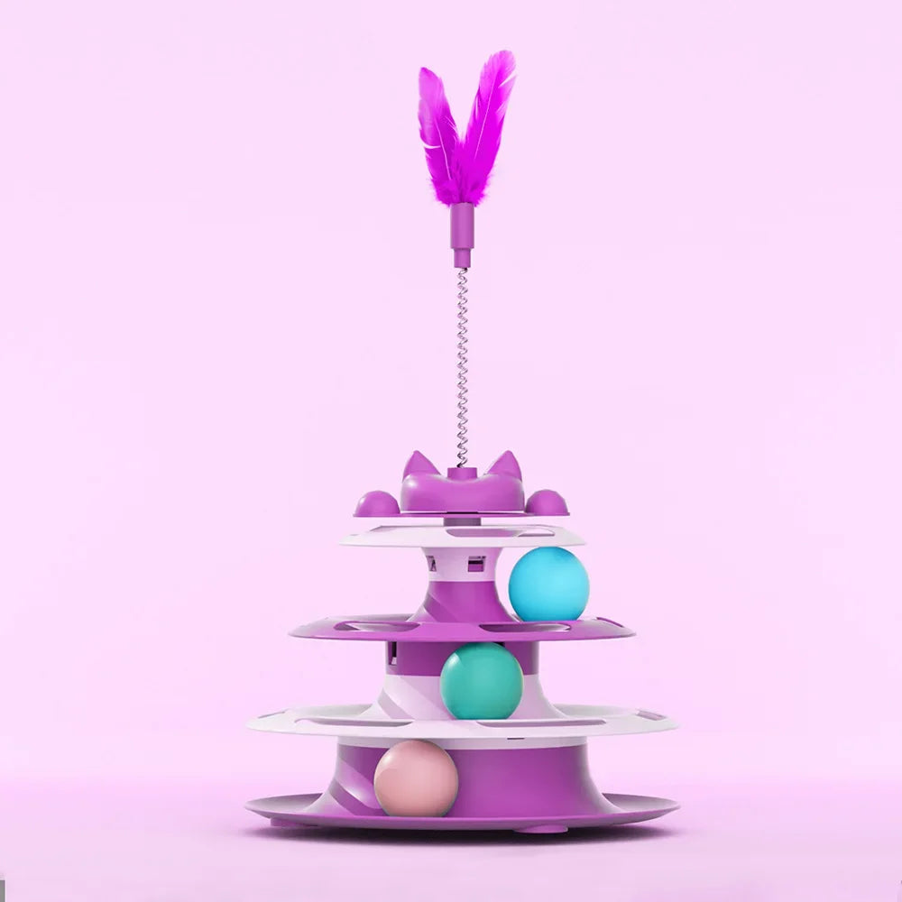 3‑Tier Cat Tower Chase Toy – With Feather Teaser & Rolling Balls