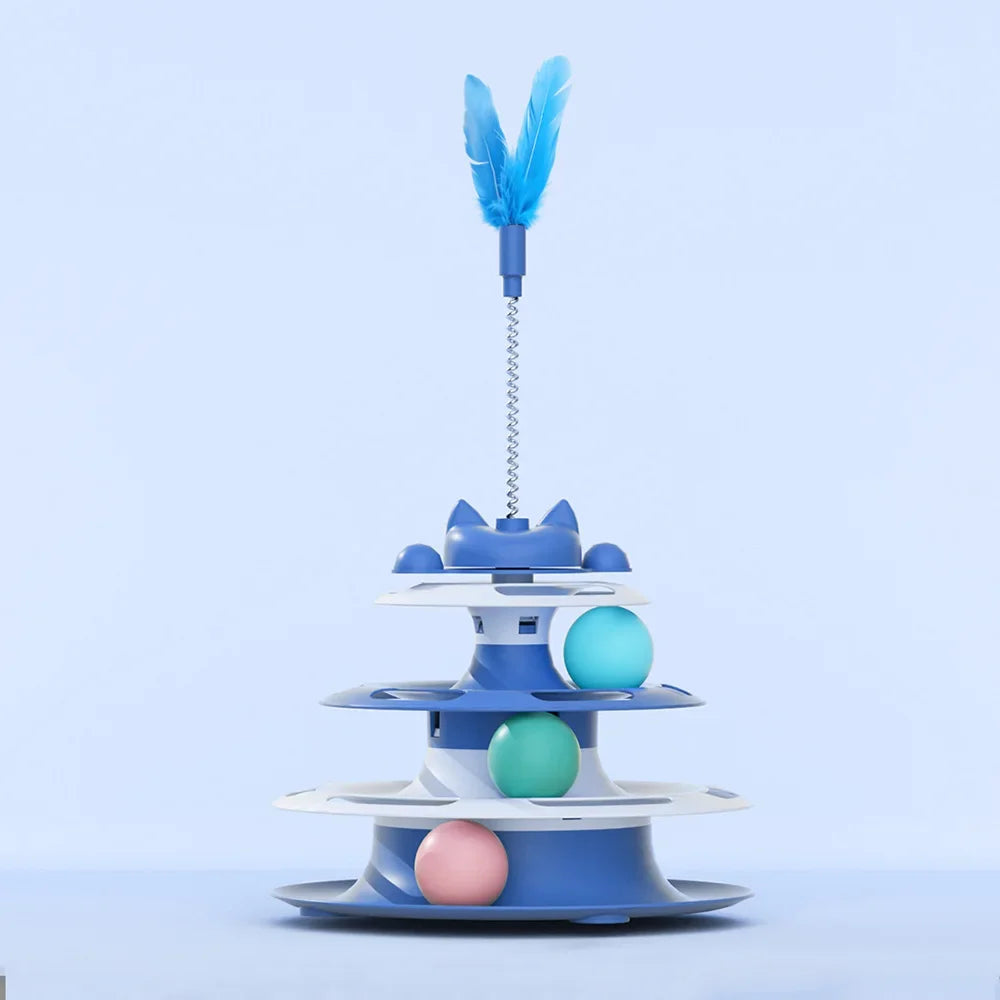 3‑Tier Cat Tower Chase Toy – With Feather Teaser & Rolling Balls