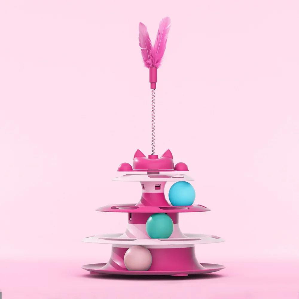 3‑Tier Cat Tower Chase Toy – With Feather Teaser & Rolling Balls