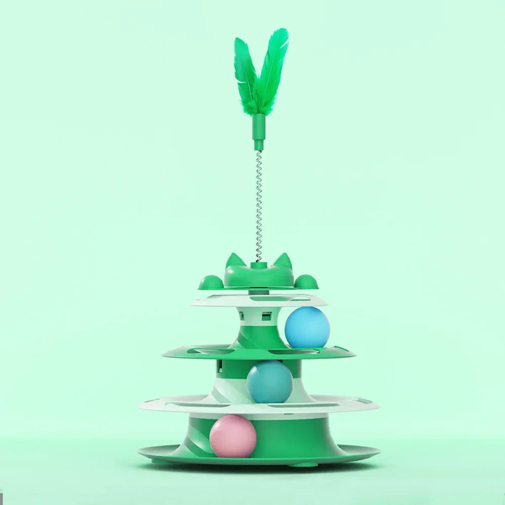 3‑Tier Cat Tower Chase Toy – With Feather Teaser & Rolling Balls